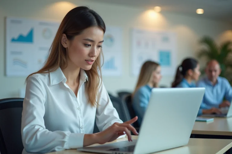 Femme professionnelle utilisant un simulateur en ligne pour calculer un délai de prévenance sur un ordinateur portable au bureau