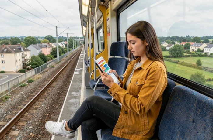 Jeune femme consultant les tarifs Navigo sur son téléphone dans un RER en Île-de-France
