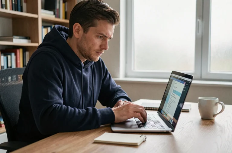 Homme consultant un écran de téléchargement sécurisé sur un laptop dans un bureau à domicile