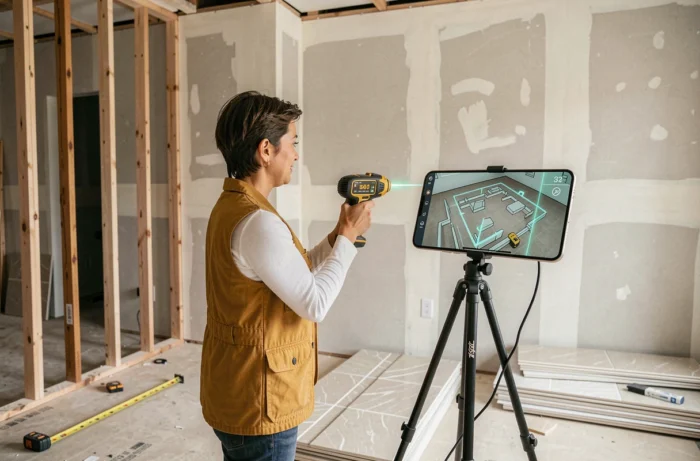 Femme utilisant un télémètre laser connecté et une application de plan en réalité augmentée dans un espace en cours de rénovation