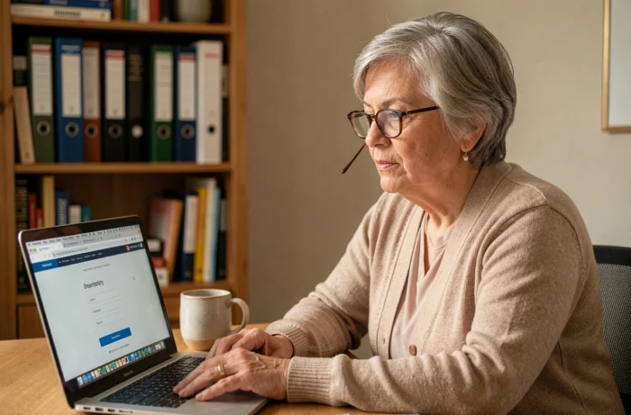 Femme travaillant depuis chez elle et se connectant à l'extranet GTA de La Poste sur ordinateur portable