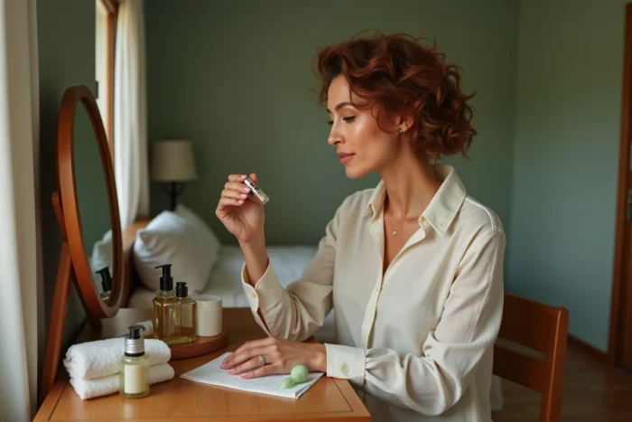 Femme mature appliquant un sérum visage devant une coiffeuse vintage dans une chambre aux tons naturels