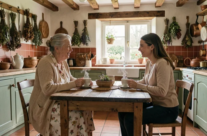Grand-mère et petite-fille partageant un moment de transmission familiale autour d'une table de cuisine traditionnelle française, symbolisant les influences et les racines familiales