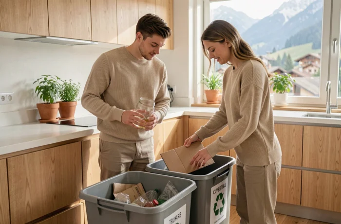 Couple triant ses déchets ménagers dans une cuisine moderne en Suisse pour un mode de vie zéro déchet