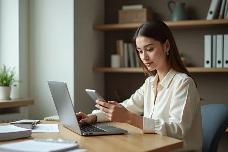 Femme cherchant les coordonnées de contact d'une entreprise sur ordinateur portable et smartphone dans un bureau à domicile moderne