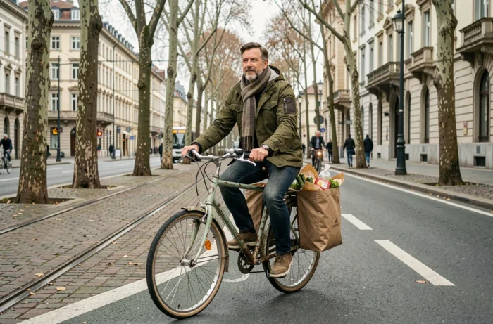 Homme à vélo sur une piste cyclable à Genève adoptant un mode de transport écologique