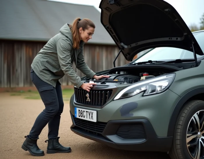 Femme vérifiant le niveau d'huile moteur d'une Peugeot P4 militaire réformée sur un chemin de gravier