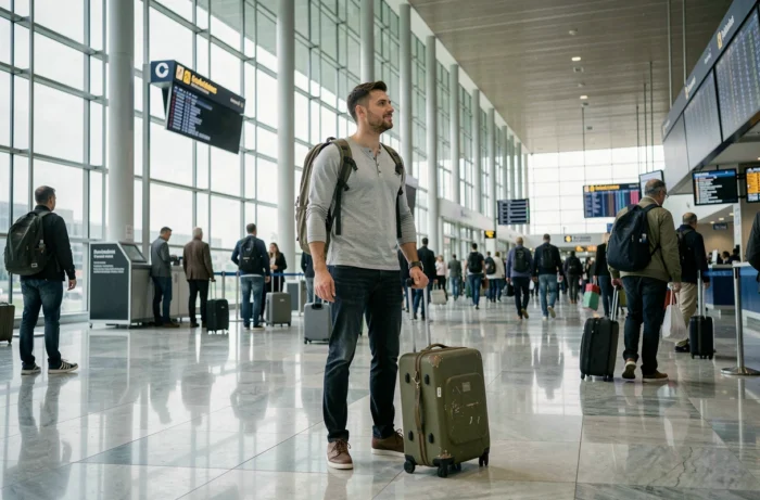 Voyageur masculin avec valise dans un terminal d'aéroport international consultant le tableau des départs