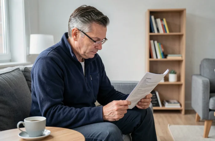 Voyageur lisant attentivement les garanties de son contrat d'assurance dans un appartement Airbnb moderne