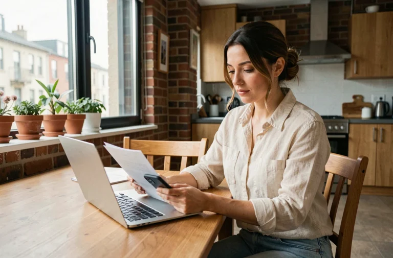 Voyageuse consultant son assurance Airbnb sur un ordinateur portable dans un appartement loué bien décoré