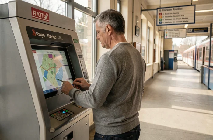 Homme consultant la carte des zones Navigo sur une borne de la gare en Île-de-France